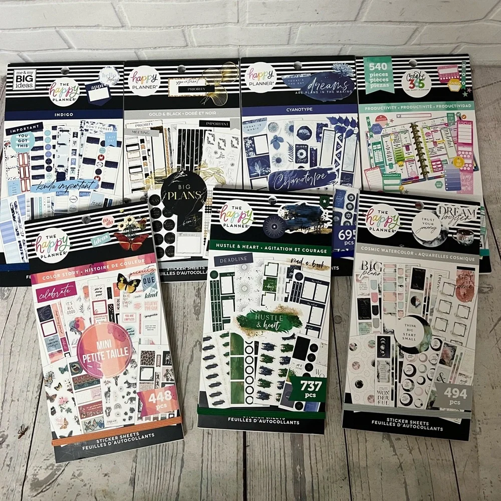 The Happy Planner Lot Of 7 Sticker Books NEW Hustle Productivity Indigo Gold Etc
